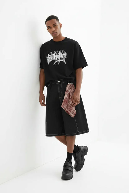 Short en Jean Wide-Leg Détail Carreaux  COOLANDBAG