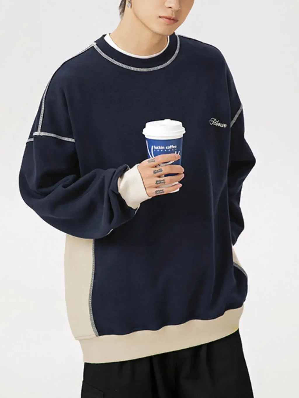 Sweat Col Rond Épaules Tombantes Bicolore Homme  COOLANDBAG