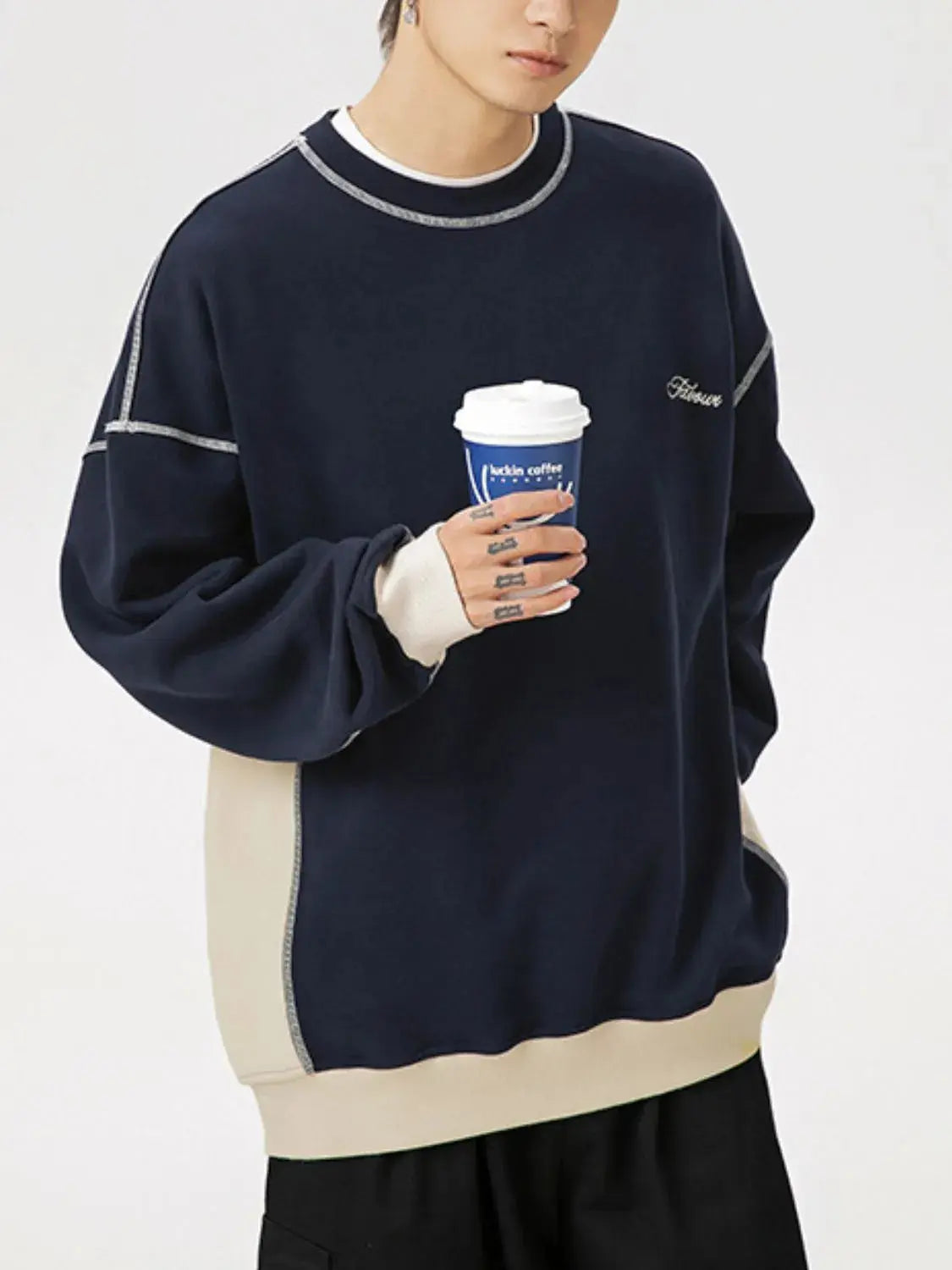 Sweat Col Rond Épaules Tombantes Bicolore Homme  COOLANDBAG