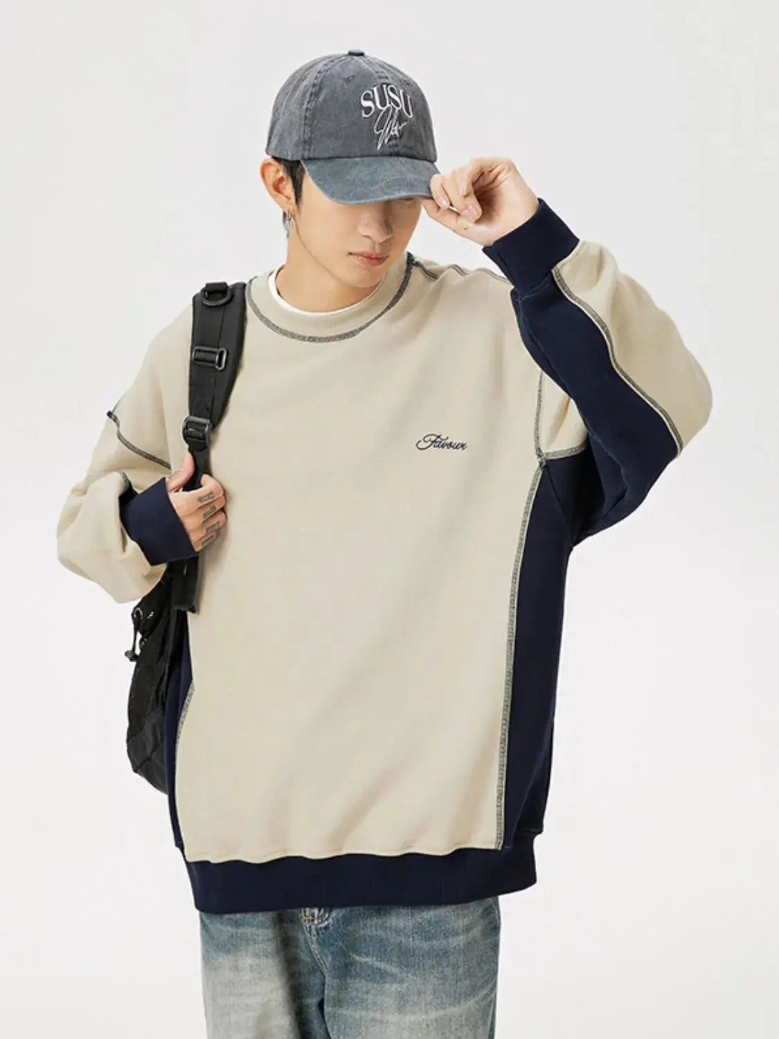 Sweat Col Rond Épaules Tombantes Bicolore Homme  COOLANDBAG