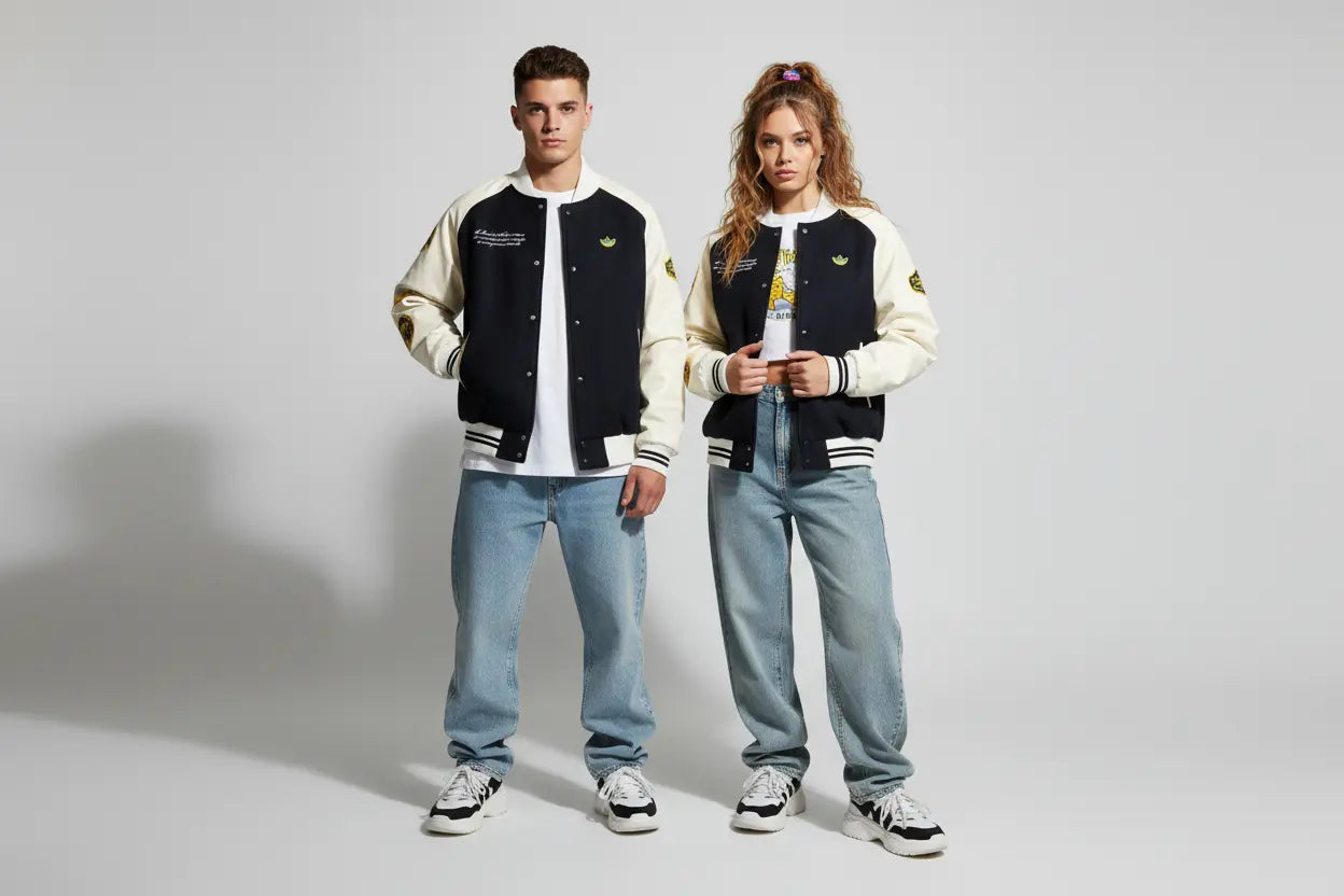 Mannequins homme et femme côte à côte portant la veste teddy Adidas
