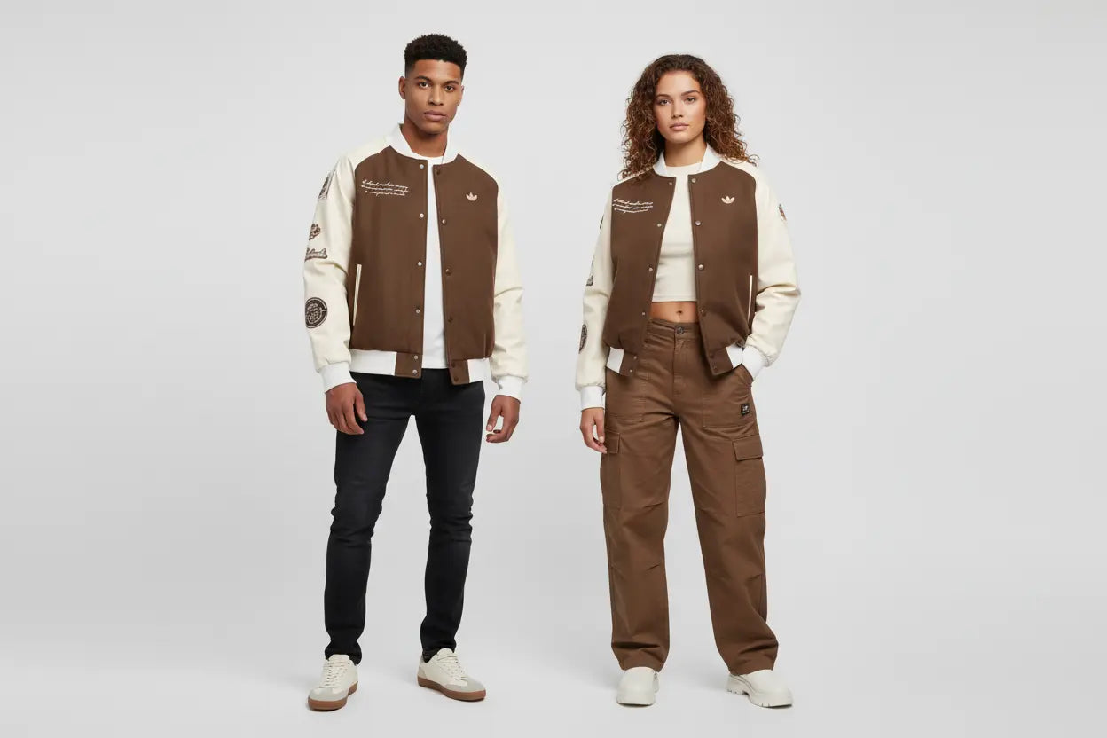 Deux mannequins portant fidèlement la veste teddy Adidas marron