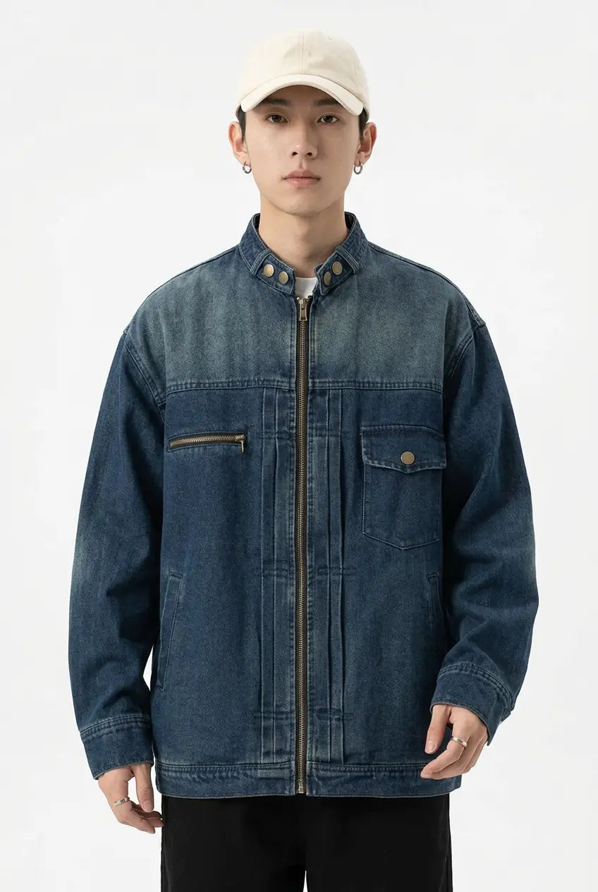 Veste en Jean Délavée Zippée Grande Taille Homme  COOLANDBAG