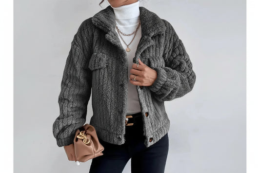 Veste en peluche épaisse pour femme, couleur unie, polyvalente, lapin, chemise à revers, doublure polaire, haut confortable, automne/hiver  COOLANDBAG