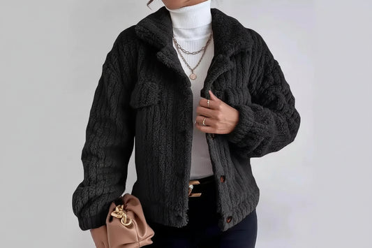 Veste en peluche épaisse pour femme, couleur unie, polyvalente, lapin, chemise à revers, doublure polaire, haut confortable, automne/hiver  COOLANDBAG