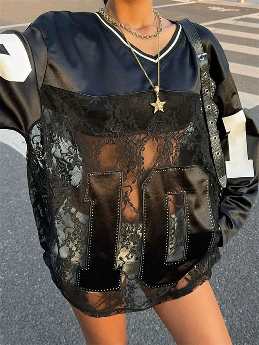 WLWXR Europe et amérique Sexy lettre impression dentelle épissé Transparent col en V t-shirts tenues de club pour les femmes 2025  COOLANDBAG