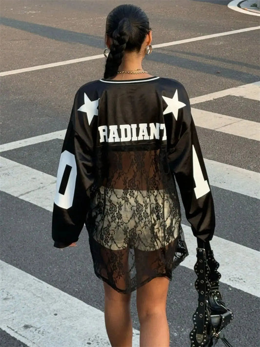 WLWXR Europe et amérique Sexy lettre impression dentelle épissé Transparent col en V t-shirts tenues de club pour les femmes 2025  COOLANDBAG