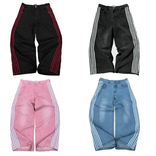 Y2K Baggy Jeans haute qualité brodé rayé Harajuku pantalons de survêtement hommes femmes Hip Hop streetwear décontracté jambe large Denim pantalon  COOLANDBAG