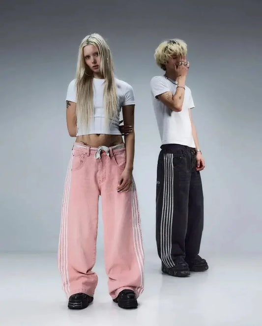 Y2K Baggy Jeans haute qualité brodé rayé Harajuku pantalons de survêtement hommes femmes Hip Hop streetwear décontracté jambe large Denim pantalon  COOLANDBAG
