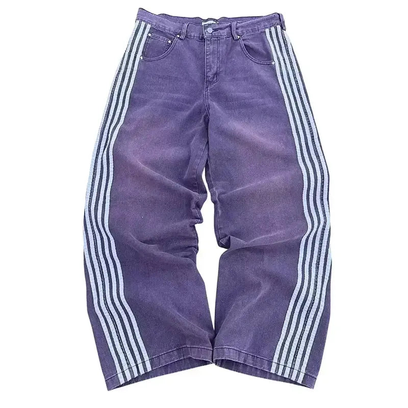 Y2K Baggy Jeans haute qualité brodé rayé Harajuku pantalons de survêtement hommes femmes Hip Hop streetwear décontracté jambe large Denim pantalon  COOLANDBAG