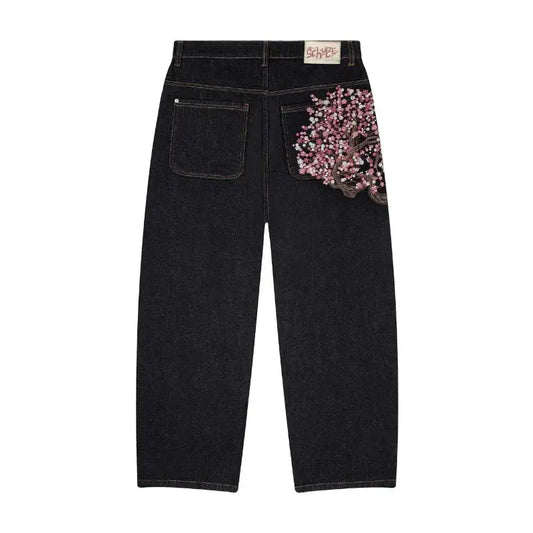 Y2K Harajuku jean Goth vintage fleur de prunier motif brodé pantalon à jambes larges hommes femmes denim tissu style américain street wear  COOLANDBAG