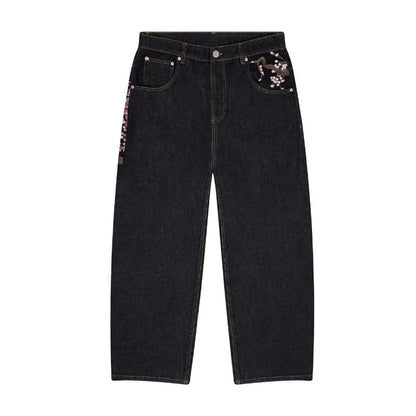 Y2K Harajuku jean Goth vintage fleur de prunier motif brodé pantalon à jambes larges hommes femmes denim tissu style américain street wear  COOLANDBAG