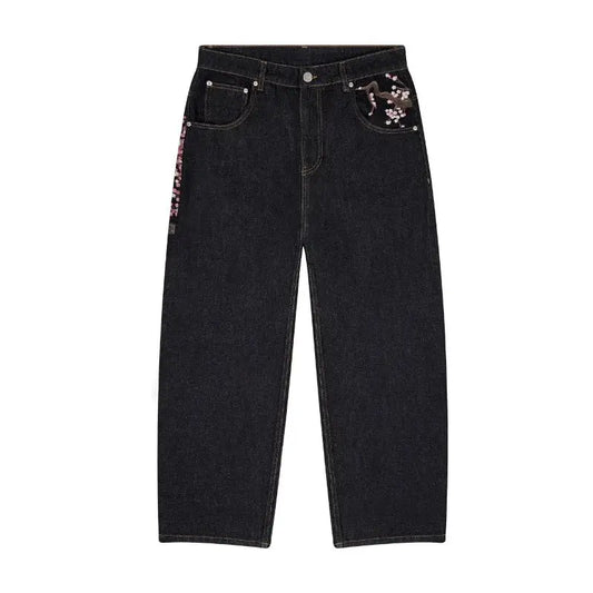 Y2K Harajuku jean Goth vintage fleur de prunier motif brodé pantalon à jambes larges hommes femmes denim tissu style américain street wear  COOLANDBAG