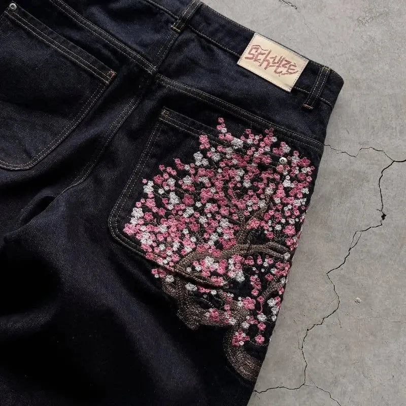 Y2K Harajuku jean Goth vintage fleur de prunier motif brodé pantalon à jambes larges hommes femmes denim tissu style américain street wear  COOLANDBAG