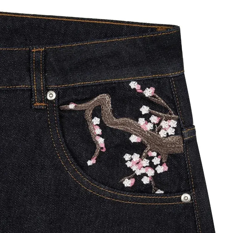 Y2K Harajuku jean Goth vintage fleur de prunier motif brodé pantalon à jambes larges hommes femmes denim tissu style américain street wear  COOLANDBAG