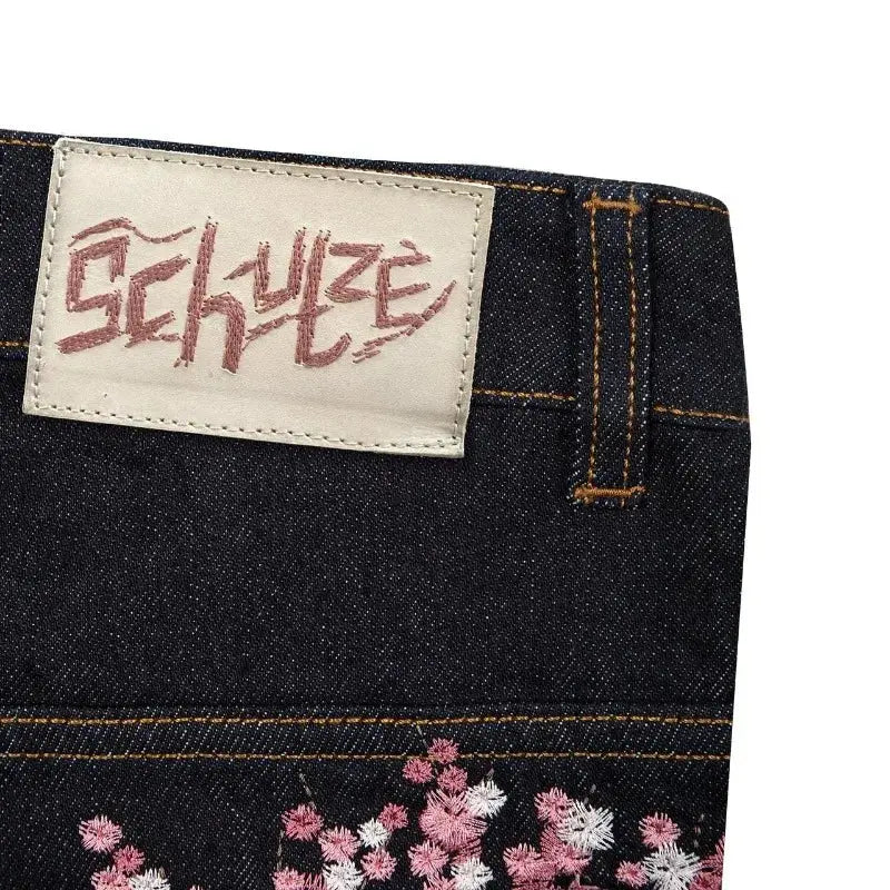 Y2K Harajuku jean Goth vintage fleur de prunier motif brodé pantalon à jambes larges hommes femmes denim tissu style américain street wear  COOLANDBAG