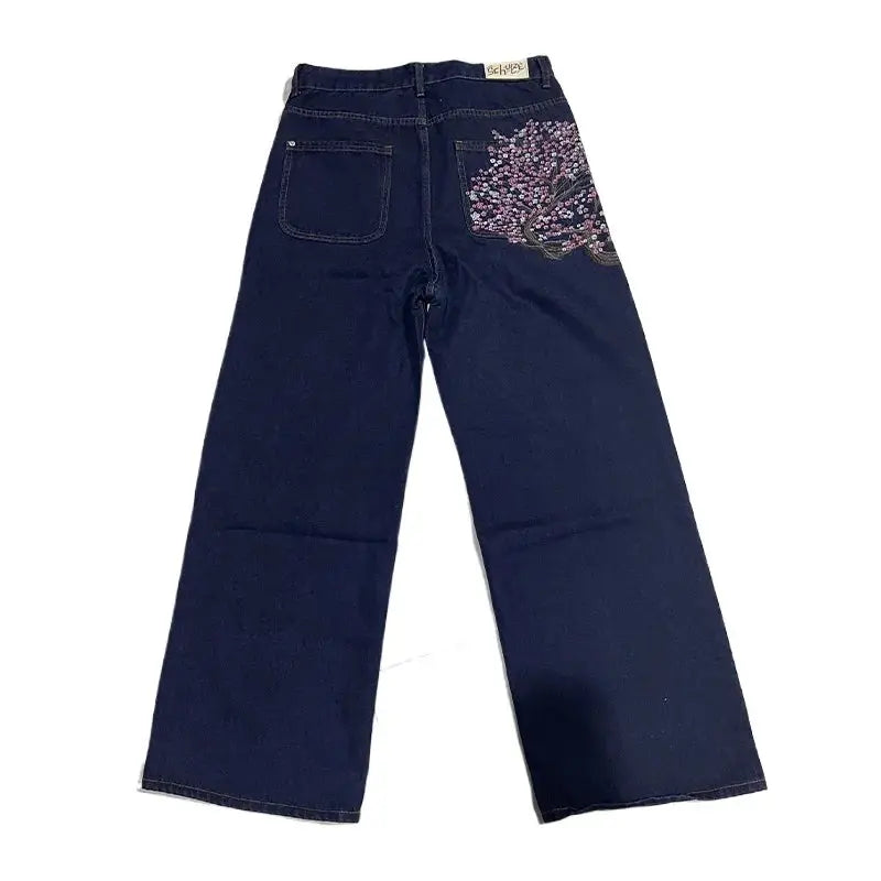 Y2K Harajuku jean Goth vintage fleur de prunier motif brodé pantalon à jambes larges hommes femmes denim tissu style américain street wear  COOLANDBAG