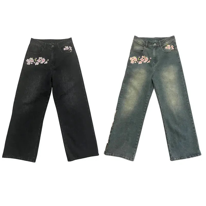 Y2K – jean délavé en détresse pour hommes et femmes, Vintage, motif de fleurs de cerisier brodé, taille haute, jambes larges, mode Streetwear  COOLANDBAG