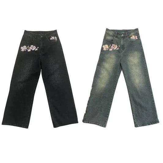 Y2K – jean délavé en détresse pour hommes et femmes, Vintage, motif de fleurs de cerisier brodé, taille haute, jambes larges, mode Streetwear  COOLANDBAG