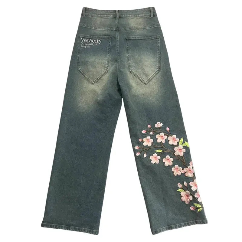 Y2K – jean délavé en détresse pour hommes et femmes, Vintage, motif de fleurs de cerisier brodé, taille haute, jambes larges, mode Streetwear  COOLANDBAG