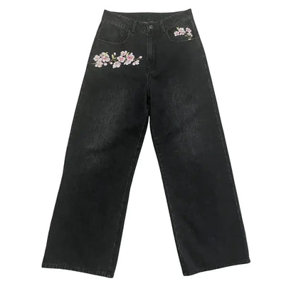 Y2K – jean délavé en détresse pour hommes et femmes, Vintage, motif de fleurs de cerisier brodé, taille haute, jambes larges, mode Streetwear  COOLANDBAG