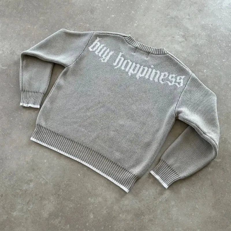 Y2K col rond gris tricoté pull nouveau modèle de symbole populaire rétro Harajuku pull automne hiver chaud Boxy vêtements pour hommes  COOLANDBAG