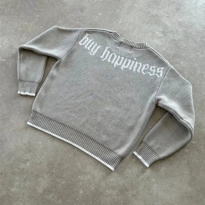 Y2K col rond gris tricoté pull nouveau modèle de symbole populaire rétro Harajuku pull automne hiver chaud Boxy vêtements pour hommes  COOLANDBAG
