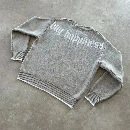 Y2K col rond gris tricoté pull nouveau modèle de symbole populaire rétro Harajuku pull automne hiver chaud Boxy vêtements pour hommes  COOLANDBAG