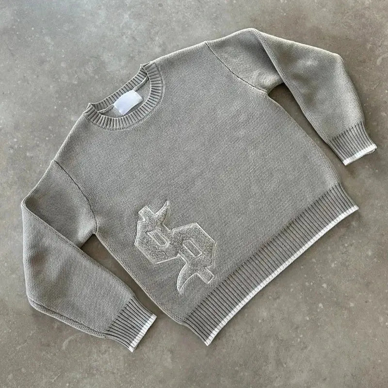 Y2K col rond gris tricoté pull nouveau modèle de symbole populaire rétro Harajuku pull automne hiver chaud Boxy vêtements pour hommes  COOLANDBAG