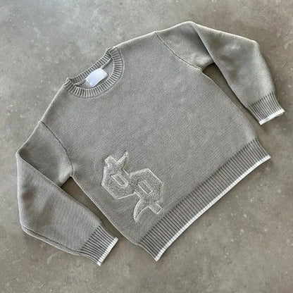 Y2K col rond gris tricoté pull nouveau modèle de symbole populaire rétro Harajuku pull automne hiver chaud Boxy vêtements pour hommes  COOLANDBAG