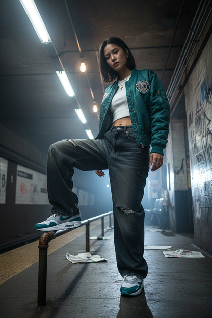 Mannequin femme portant Nike Air Max Teal Blanc - Ambiance underground