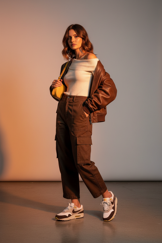 Mannequin femme portant Nike Air Max Marron Blanc Jaune - Studio LED