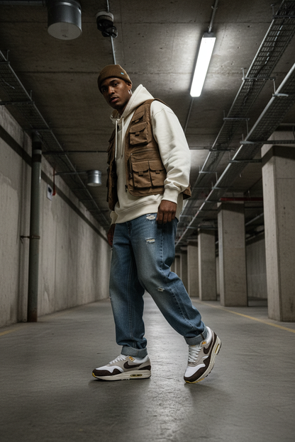 Mannequin homme portant Nike Air Max Marron Blanc Jaune - Ambiance underground